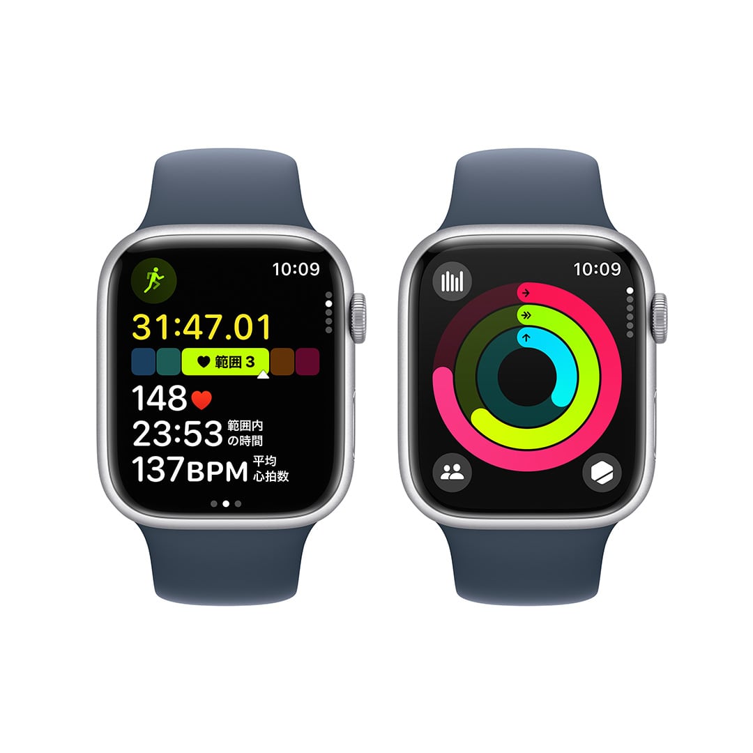 Apple Watch Series 9（GPSモデル）- 45mmシルバーアルミニウムケースとストームブルースポーツバンド - S/M with  AppleCare+