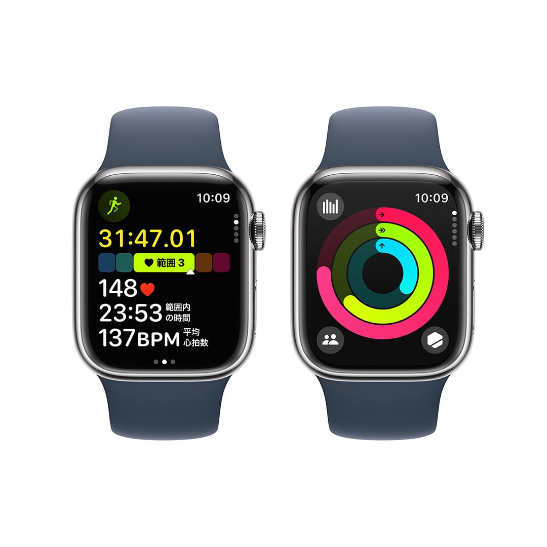 Apple Watch Series 9（GPS + Cellularモデル）-  41mmシルバーステンレススチールケースとストームブルースポーツバンド - M/L with AppleCare+