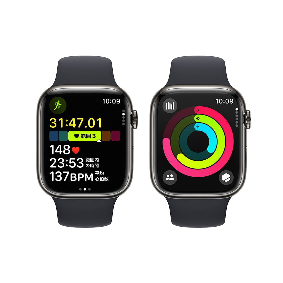Apple Watch Series 9（GPS + Cellularモデル）-  45mmグラファイトステンレススチールケースとミッドナイトスポーツバンド - M/L with AppleCare+
