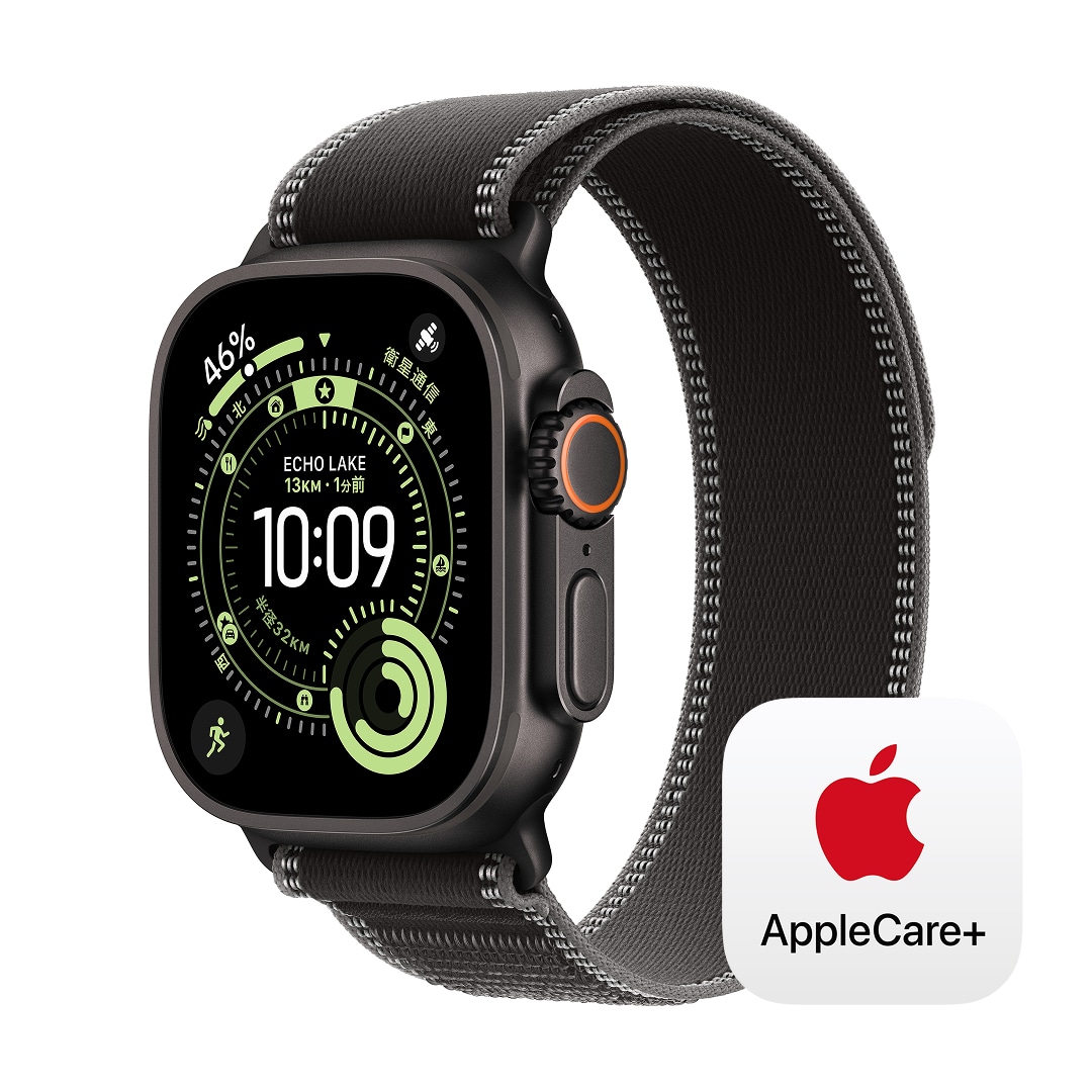 Apple Watch Ultra 3(GPS + Cellularモデル)- 49mmブラックチタニウムケースとブラック/チャコールトレイルループ - S/M with AppleCare+