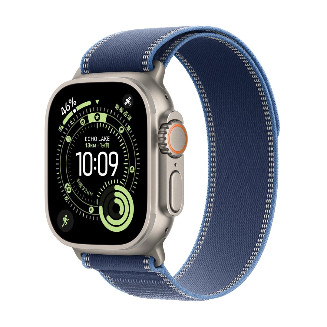 Apple Watch Ultra 3（GPS + Cellularモデル）- 49mmナチュラルチタニウムケースとブルー/ブライトブルートレイルループ - S/M