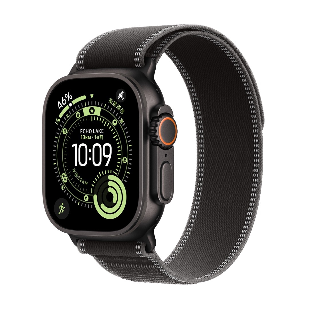 Apple Watch Ultra 3（GPS + Cellularモデル）- 49mmブラックチタニウムケースとブラック/チャコールトレイルループ - S/M