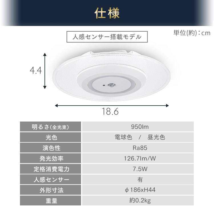 小型シーリングライト 導光板 950lm 昼光色 人感センサー付 SCL95D-MS-P 安心延長保証 昼光色相当