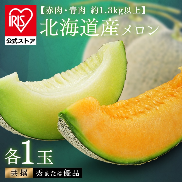 北海道産赤肉・青肉メロン 各1玉（1玉約1.3kg以上） 【時間指定不可】【代引不可】【同梱不可】【プラザセレクト】
