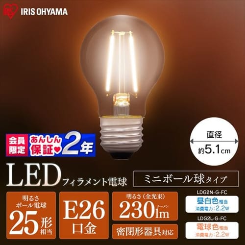 ［マイル5倍！12/7迄］[10個セット]LEDフィラメント電球 ミニボール球タイプ E26 25形相当 LDG2N-G-FC 昼白色