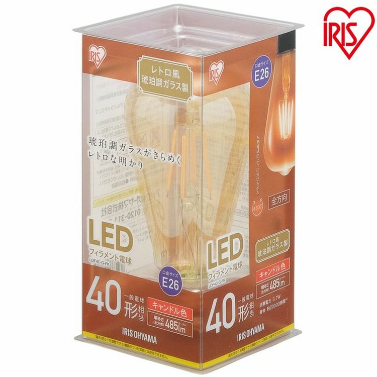 ［マイル5倍！12/7迄］[ロング レトロ]LEDフィラメント電球 レトロ風琥珀調ガラス製 40形相当 キャンドル色 非調光 LDF4C-G-FK