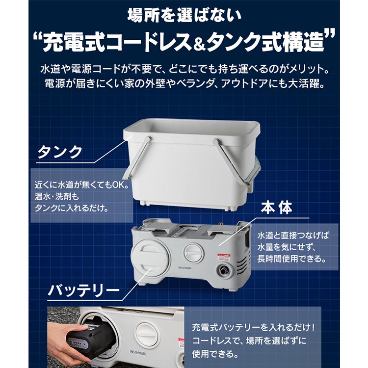 タンク式高圧洗浄機 充電タイプ ホワイト SDT-L01Ｎ(単品): アイリス 