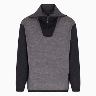 [EMPORIO ARMANI]パーシャルジップセーター バージンウール ツートンプレーンニット グレー M