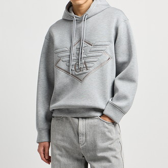 [EMPORIO ARMANI]フード付きスウェットシャツ ダブルジャージー オーバーサイズイーグル刺繍 グレー M