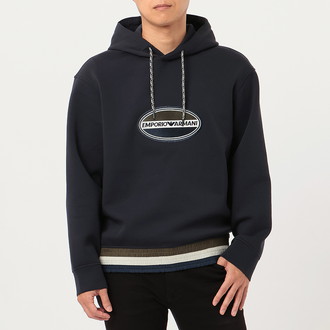 [EMPORIO ARMANI]フード付きスウェットシャツ ダブルジャージー 3色ロゴパッチ ネイビー L