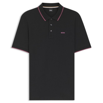 [BOSS] コットンピケ ポロシャツ コントラスト ティッピング Black M