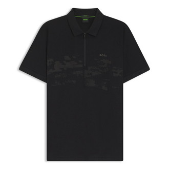 [BOSS]コットンブレンド ジップポロシャツ リフレクターグラフィック Black M