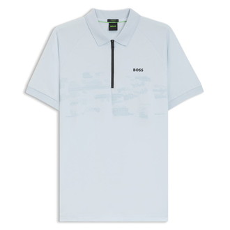 [BOSS]コットンブレンド ジップポロシャツ リフレクターグラフィック Open Blue M