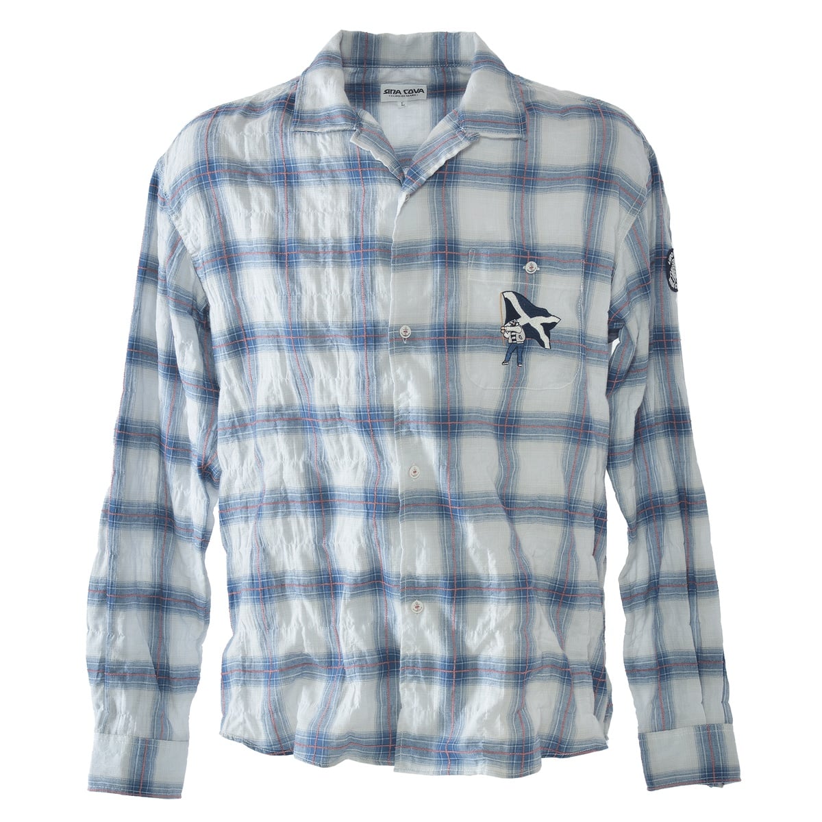 [SINA COVA]チェック柄長袖開襟シャツ Lサイズ ネイビー 26124030