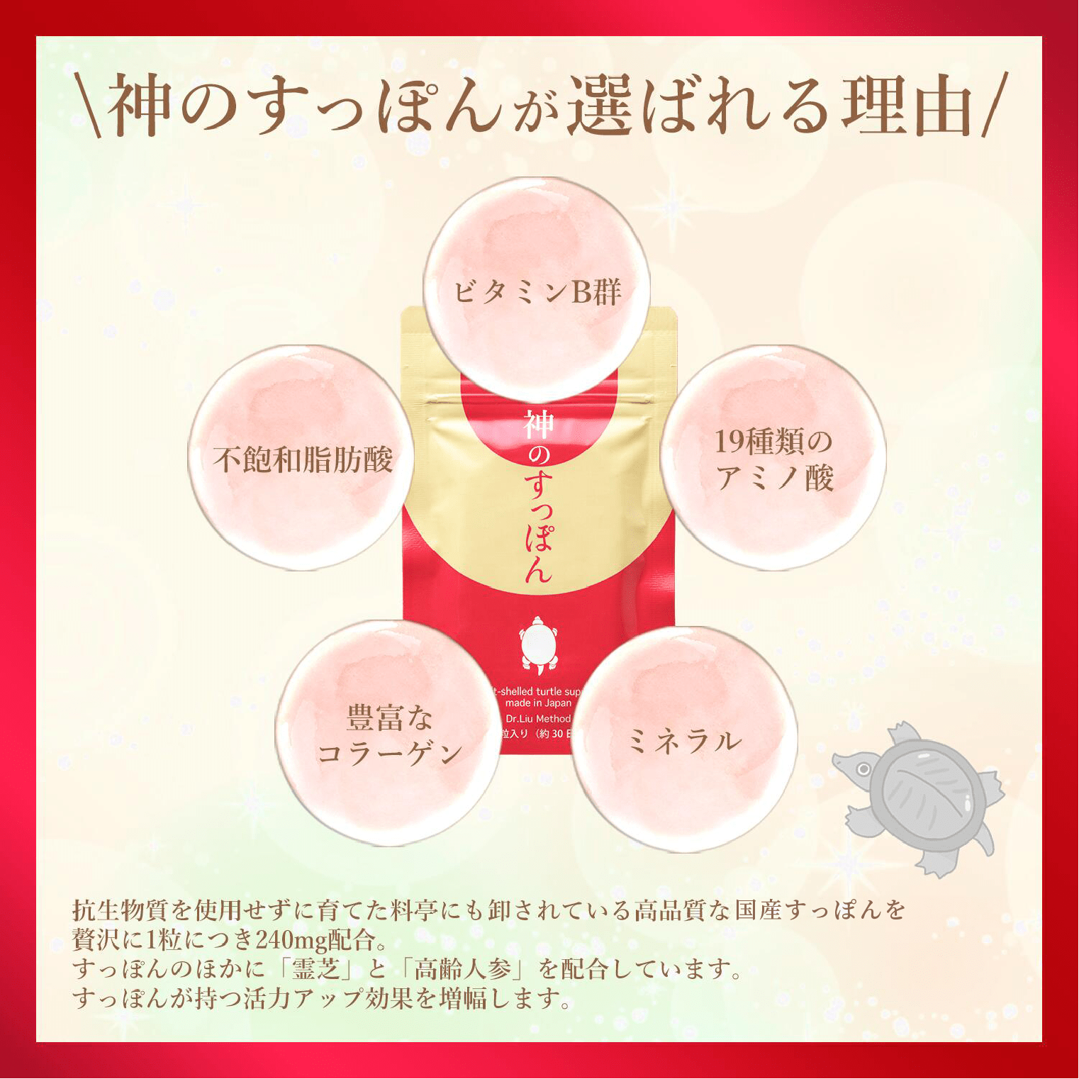 国産すっぽん 霊芝 高麗人参配合 サプリメント 神のすっぽん 30日分 美・活力・健康サポート 国内製造 バイオ製薬