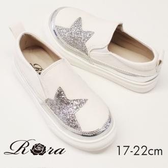 Rora キッズ スリッポン 女の子 男の子 通販 紐なしスニーカー 10004954 白 ホワイト 星 スター シルバー ラメ キラキラ 通学 通園 おしゃれ かわいい カジュアルシューズ 子供靴 靴 シューズ 子ども靴 キッズシューズ キッズファッション