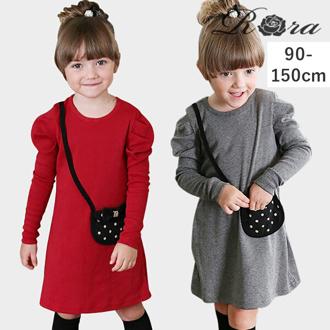 Rora キッズ ワンピース 女の子 長袖 通販 キッズワンピース 10006024 長袖ワンピース 冬 秋冬 パフスリーブ ポケット付き ポシェット付き レトロ モダン 大人っぽい おしゃれ 可愛い オシャレ かわいい カジュアル 子ども服 子供服 キッズファッション