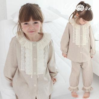 Rora パジャマ 前開き 女の子 キッズ 通販 セットアップ 10006256 上下セット 長袖 上下 長ズボン レース フリル 綿100 ナチュラル ベージュ おしゃれ かわいい オシャレ 可愛い ルームウェア ナイトウェア 子ども服 子供服 キッズファッション