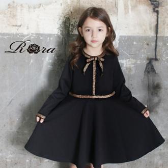 Rora ワンピース キッズ 長袖 通販 ドレスワンピース 12062002 子供 ドレス 女の子 結婚式 パーティ 発表会 七五三 卒園式 入園式 入学式 リボン ゴールド 黒 ブラック かわいい オシャレ おしゃれ フォーマル 子ども服 子供服 キッズファッション