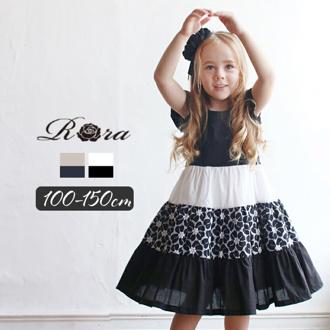 Rora 半袖 ワンピース キッズ 通販 半袖ワンピース 12192001 ワンピ 夏 女の子 綿 コットン 切り替え ボリューム レトロ ガーリー 花柄 上品 おしゃれ 可愛い オシャレ かわいい カジュアル 子ども服 子供服 キッズファッション
