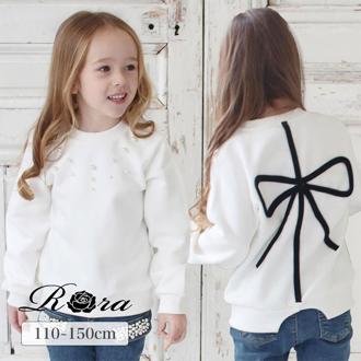 Rora キッズ トレーナー 女の子 通販 スウェット 13272002 プルオーバー スエット 綿100% コットン 小学生 ジュニア 通学 パール リボン 秋冬 春 秋 おしゃれ 大人可愛い オシャレ かわいい トップス 子ども服 子供服 キッズファッション