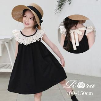 Rora ノースリーブ ワンピース キッズ 通販 ノースリーブワンピース 夏 62042301 サマードレス 袖なし 子供 女の子 フリル レース バックリボン Aライン 黒 ブラック おしゃれ 可愛い オシャレ かわいい カジュアル 子ども服 子供服 キッズファッション