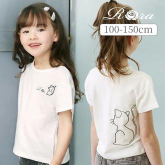 Rora キッズ Tシャツ 半袖 女の子 通販 カットソー 73062401 半袖Tシャツ 夏服 ねこ 猫 ネコ 刺繍 パール シンプル カジュアル 可愛い おしゃれ かわいい オシャレ こども 女子 通園 通学 トップス 子ども服 子供服 キッズファッション