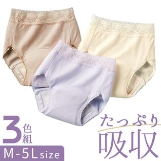 吸水ショーツ 尿漏れ レディース 通販 爽やかたっぷり吸収ショーツ 3色組 下着 パンツ ショーツ 尿漏れパンツ 尿もれパンツ 3枚セット 吸汗速乾 旅行 吸収量 100cc 女性用 女性 婦人 インナーウェア アンダーウェア 軽度失禁用品