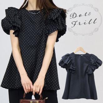 フリル 袖 トップス レディース 通販 カットソー フリルトップス プルオーバー シャツ フリル袖 半袖トップスレディース 半袖トップス フレアライン ドット 水玉 かわいい 可愛い おしゃれ オシャレ 女性 大人 通勤 通学 レディースファッション