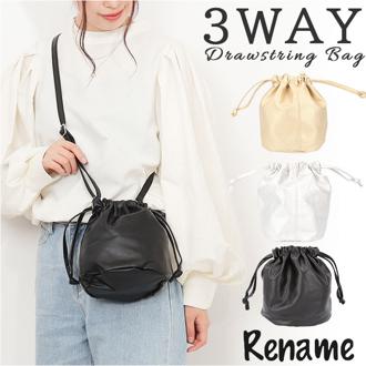 Rename リネーム 巾着バッグ ショルダー 通販 巾着 バッグ 巾着バック ポーチ ワンショルダーバッグ 斜め掛けバッグ 斜めがけ 肩掛け ショルダーバッグ ショルダーバック ソフトフェイクレザー 軽量 大人 レディース メンズ シンプル カジュアル 無地