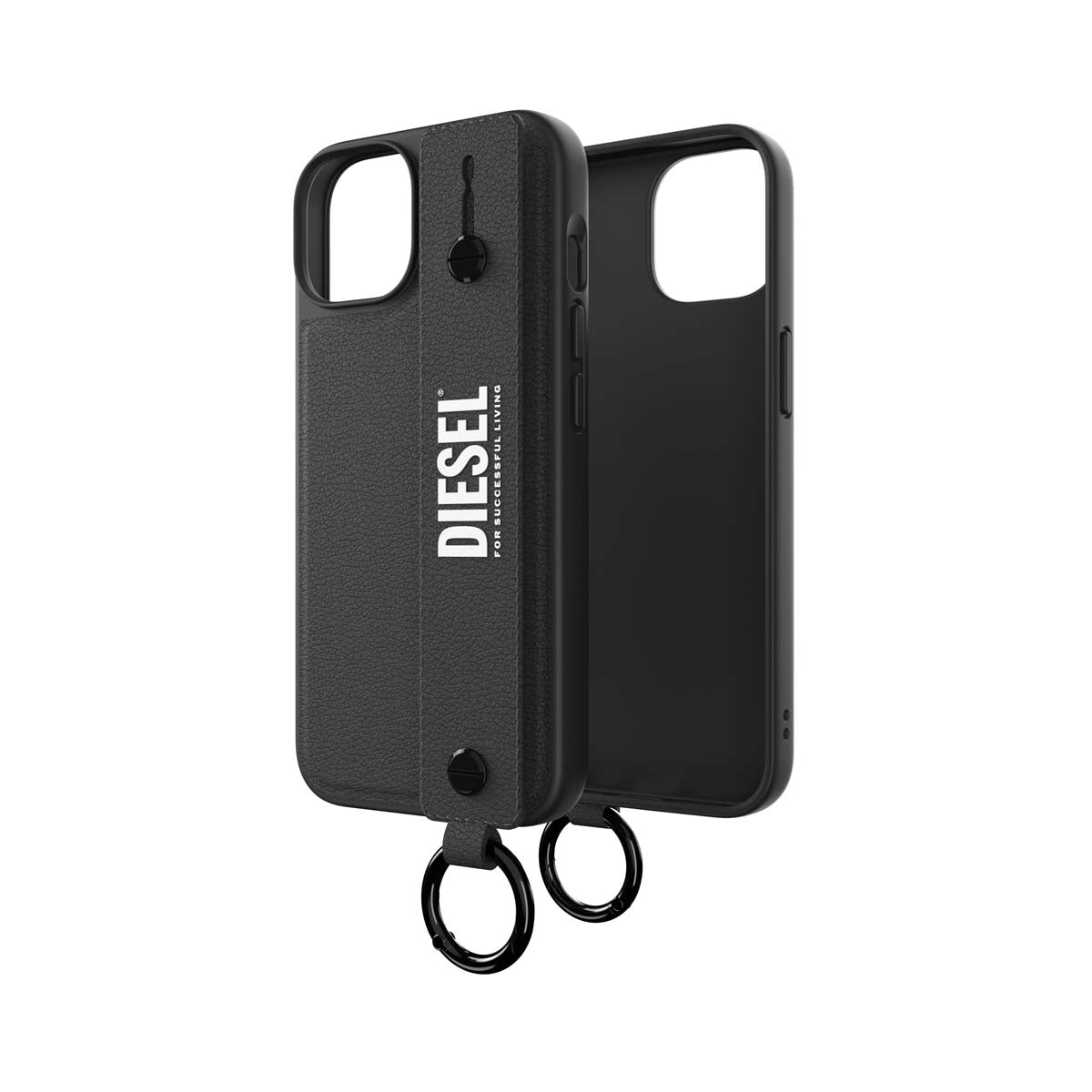 DIESEL[ディーゼル] iPhone 14 case Leather Handstrap Black/white スマホケース スマホカバー レザー風 ハンドストラップ スマホバンド スタンド機能 リング付 ブラック/ホワイト ≪特価！≫ (50283)