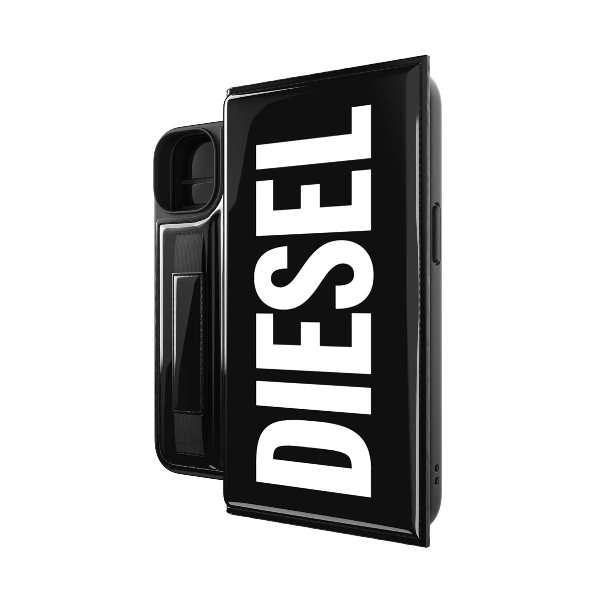 DIESEL[ディーゼル] iPhone 14 case Wallet Booklet BlackWhite スマホケース スマホカバー ブックレット 手帳型 ロゴ ポケット搭載 カードスリット ブラック/ホワイト ≪特価！≫ (51502)