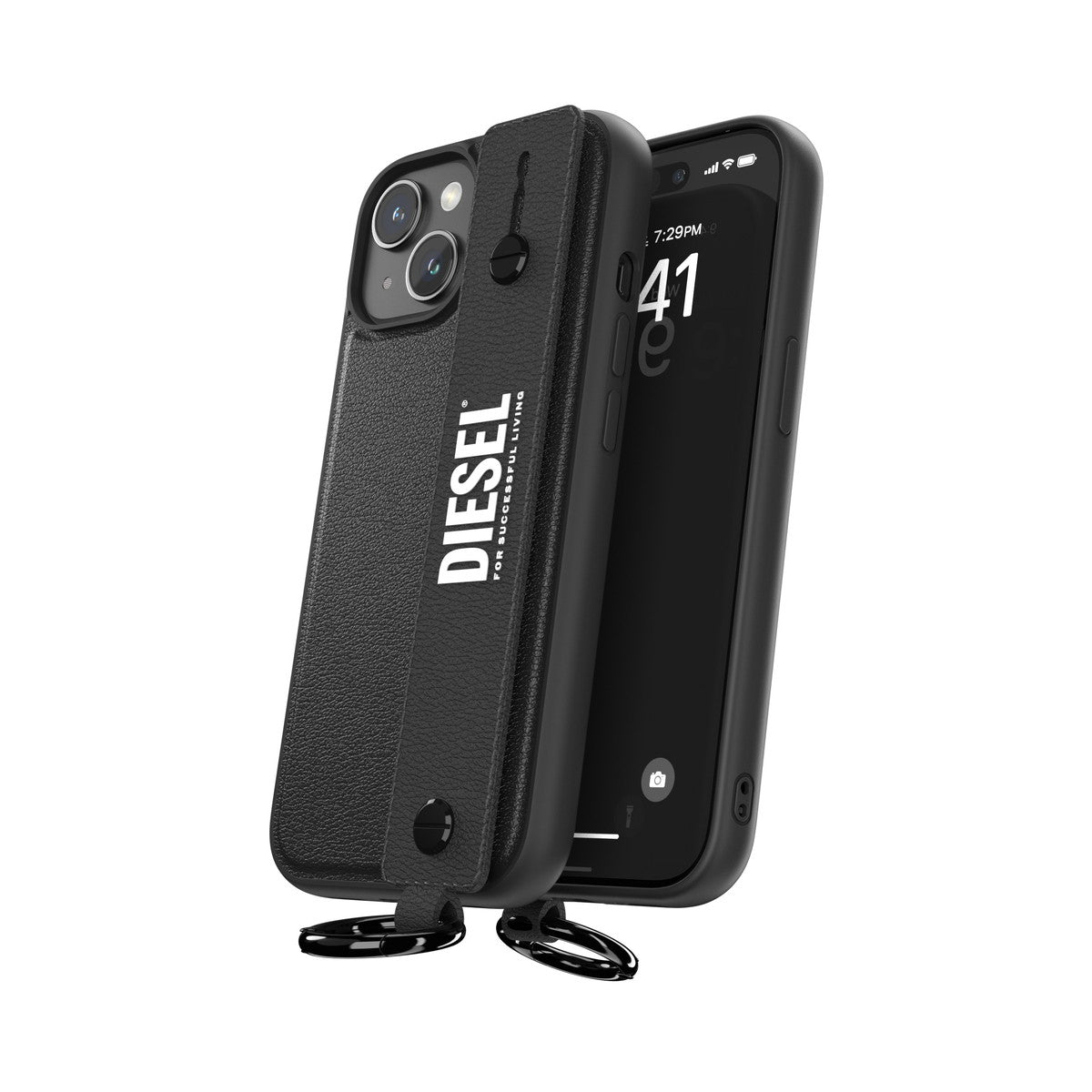 DIESEL[ディーゼル] iPhone 15 case Leather Handstrap Black スマホケース スマホカバー レザー風 ハンドストラップ グリップバンド スタンド機能 リング付 ブラック ≪特価！≫ (54177)
