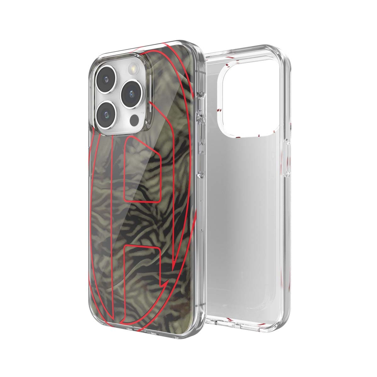 DIESEL[ディーゼル] iPhone 15 Pro case Oval D Camo Green スマホケース スマホカバー オーバルD 迷彩柄 ミライタリー カモフラ レッドロゴ グリーン ≪特価！≫ (60052)