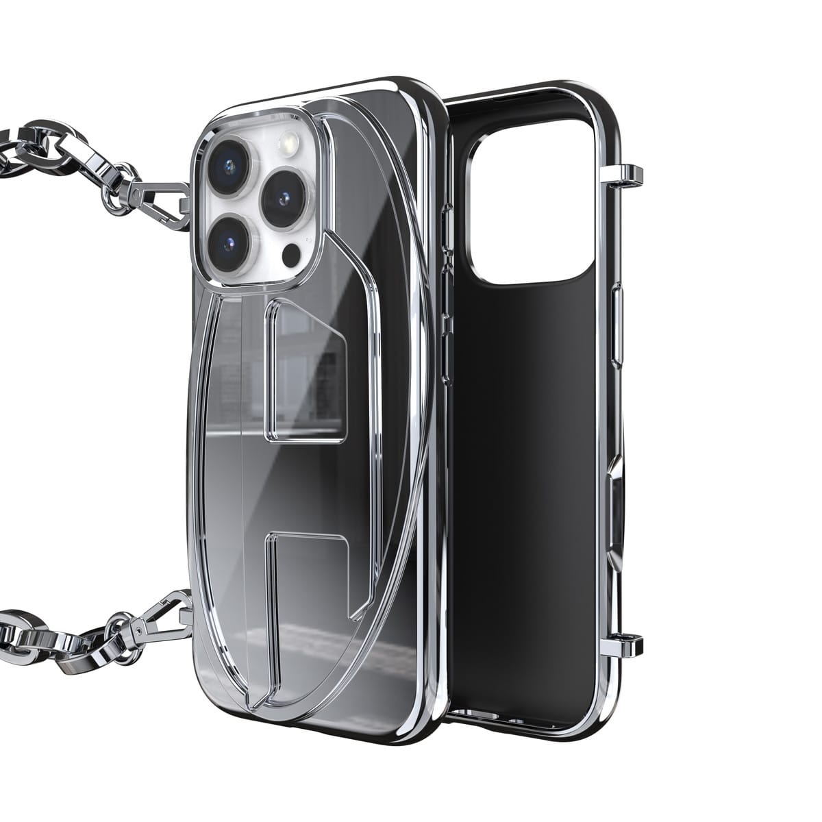 DIESEL[ディーゼル] iPhone 16 Pro case Oval D GLOSSY CHAIN Silver スマホケース スマホカバー オーバルD チェーン付 シルバー (60259)