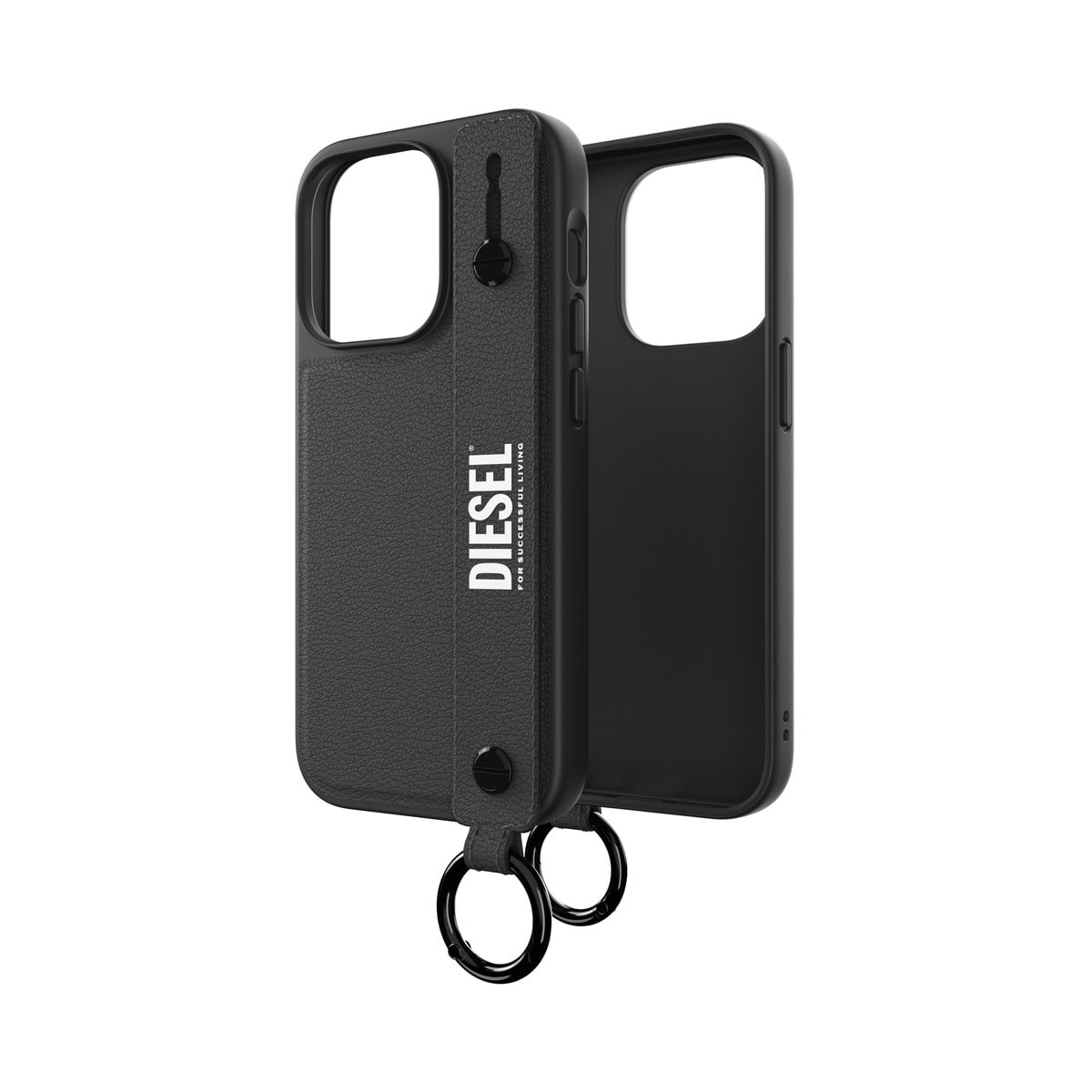 [OUTLET] iPhone 14 Pro スマホケース スマホカバー レザー調 ハンドストラップ付 Black(ブラック)/White(ホワイト) Leather Handstrap リング付 DIESEL[ディーゼル] ブラック/ホワイト 50284