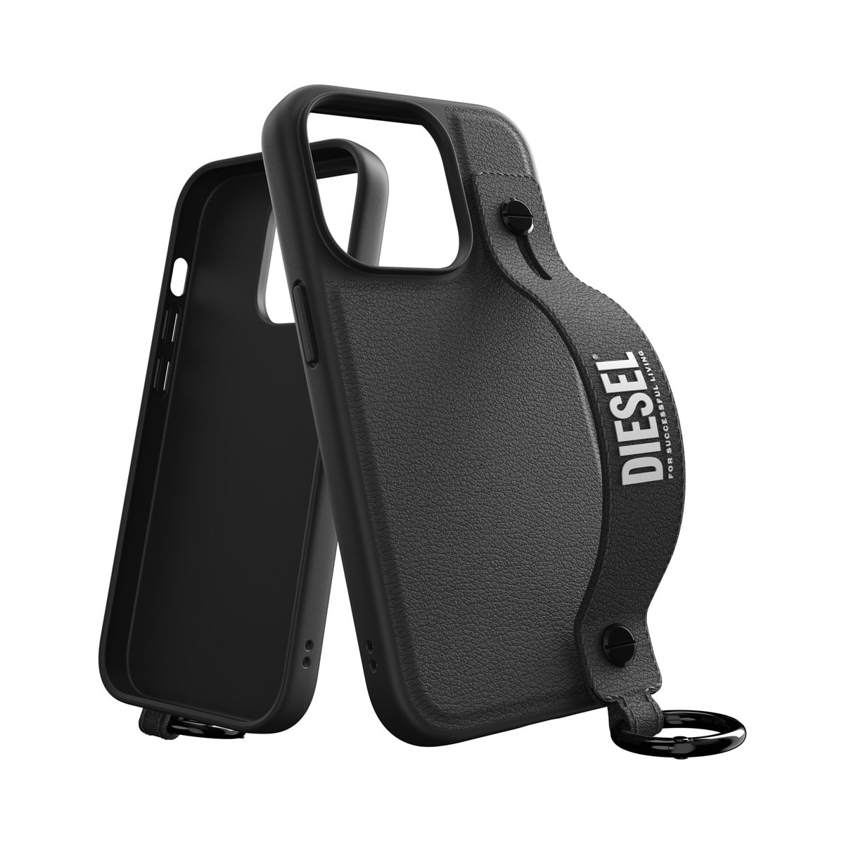 [OUTLET] iPhone 14 Pro スマホケース スマホカバー レザー調 ハンドストラップ付 Black(ブラック)/White(ホワイト) Leather Handstrap リング付 DIESEL[ディーゼル] ブラック/ホワイト 50284