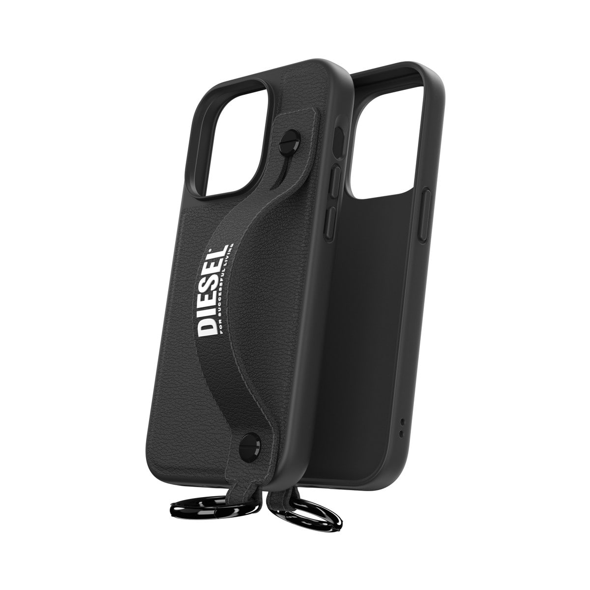 [OUTLET] iPhone 14 Pro スマホケース スマホカバー レザー調 ハンドストラップ付 Black(ブラック)/White(ホワイト) Leather Handstrap リング付 DIESEL[ディーゼル] ブラック/ホワイト 50284