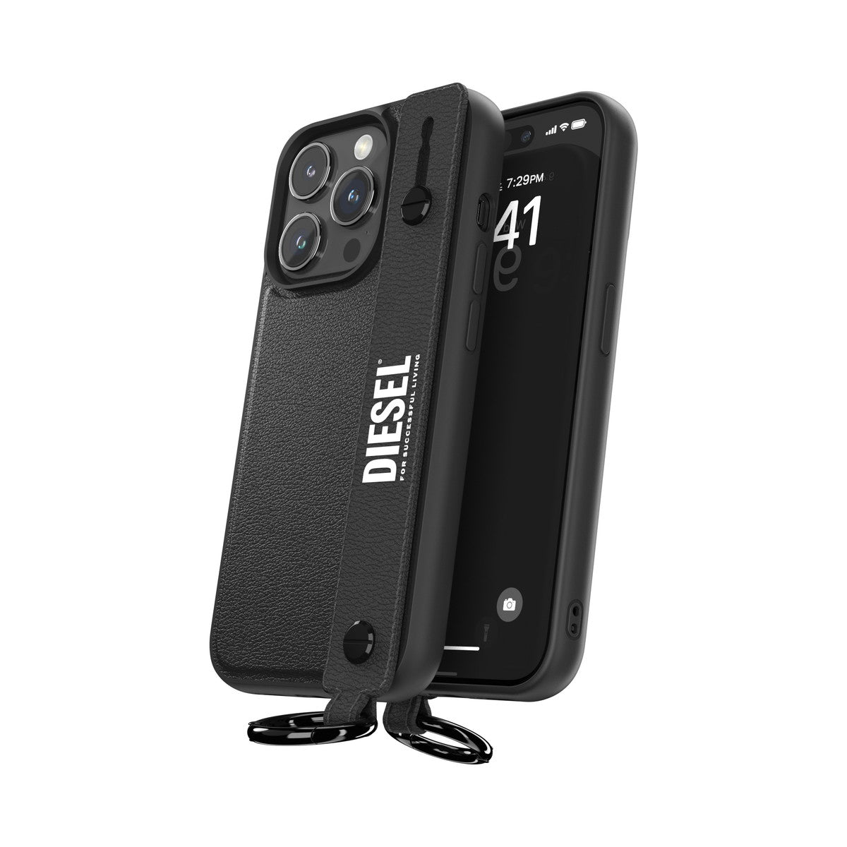 [OUTLET] iPhone 15 Pro スマホケース スマホカバー レザー調 ハンドストラップ付 Black(ブラック)/White(ホワイト) Leather Handstrap リング付 DIESEL[ディーゼル] ブラック 54178