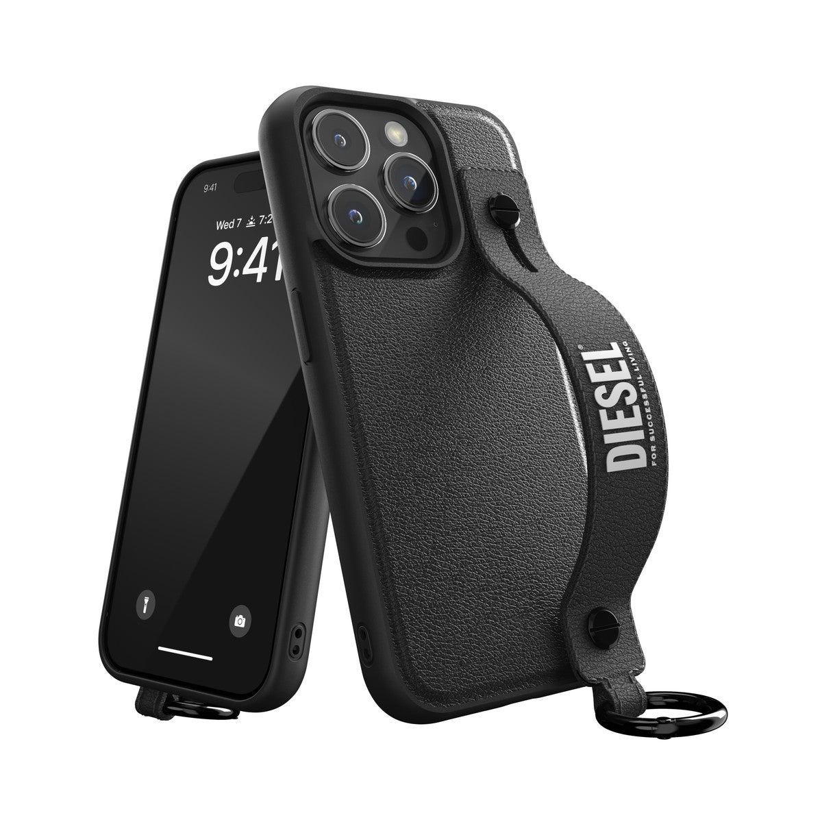 [OUTLET] iPhone 15 Pro スマホケース スマホカバー レザー調 ハンドストラップ付 Black(ブラック)/White(ホワイト) Leather Handstrap リング付 DIESEL[ディーゼル] ブラック 54178