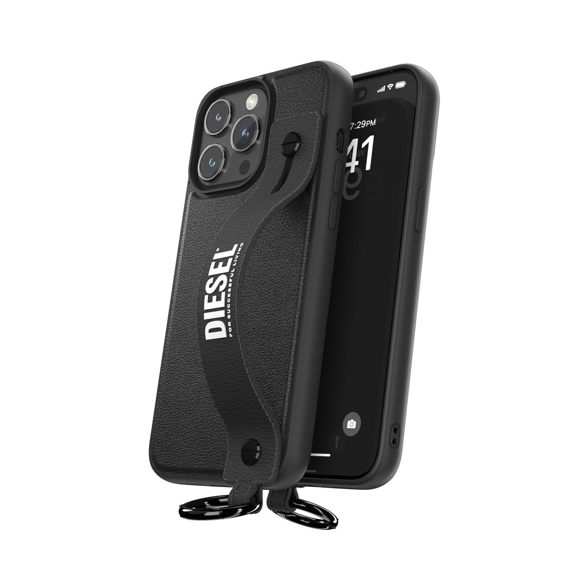 [OUTLET] iPhone 15 Pro Max スマホケース スマホカバー レザー調 ハンドストラップ付 Black(ブラック)/White(ホワイト) Leather Handstrap リング付 DIESEL[ディーゼル] ブラック 54180