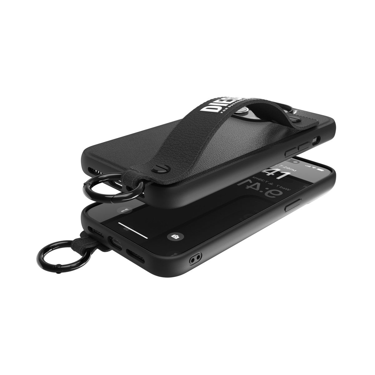 [OUTLET] iPhone 15 Pro Max スマホケース スマホカバー レザー調 ハンドストラップ付 Black(ブラック)/White(ホワイト) Leather Handstrap リング付 DIESEL[ディーゼル] ブラック 54180