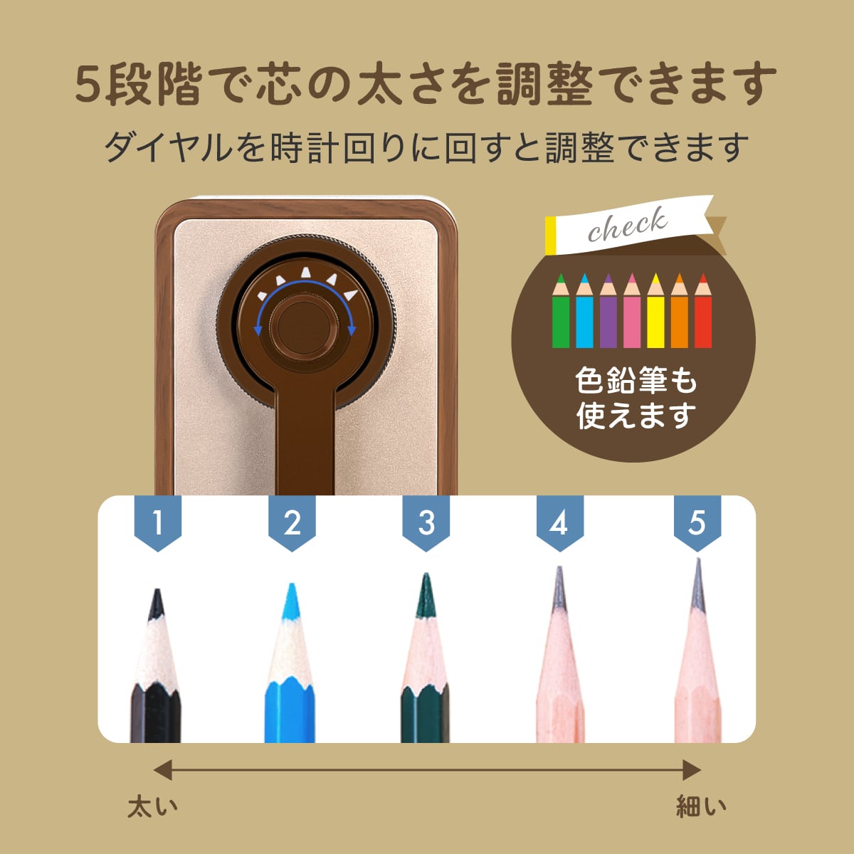 deliジャパン 鉛筆削り 手動 5段階 太さ調節 オシャレ こども 自動ペン先送り機能 えんぴつ削り 折れ芯自動排出 合金素材刃 木目調 DLI-SPS71160WO