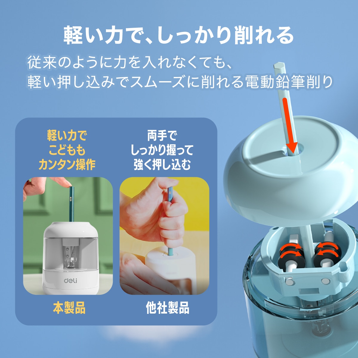 deliジャパン 鉛筆削り 電動 自動調節機能 シンプル こども 乾電池式 えんぴつ削り 約5,000回の使用に耐える高耐久設計 ブラック DLI-SES68670BK ブラック