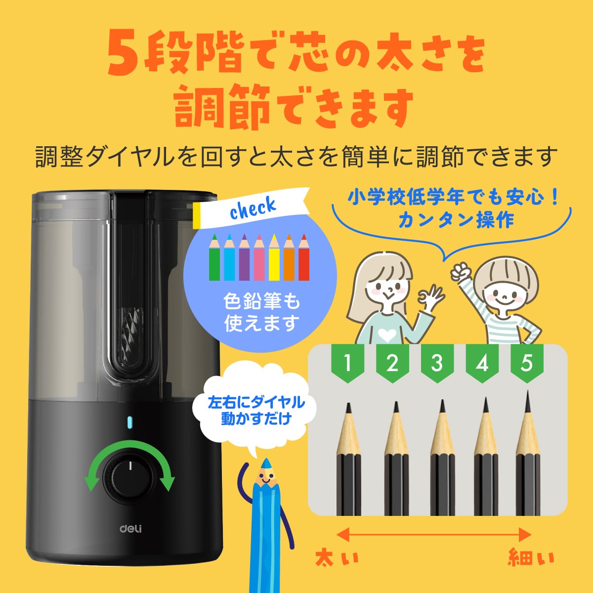 deliジャパン 鉛筆削り 全自動 5段階 多機能モデル こども USB 充電式 えんぴつ削り 折れ芯自動排出 加熱時動作ロック ホワイト DLI-SESVA8WH ホワイト