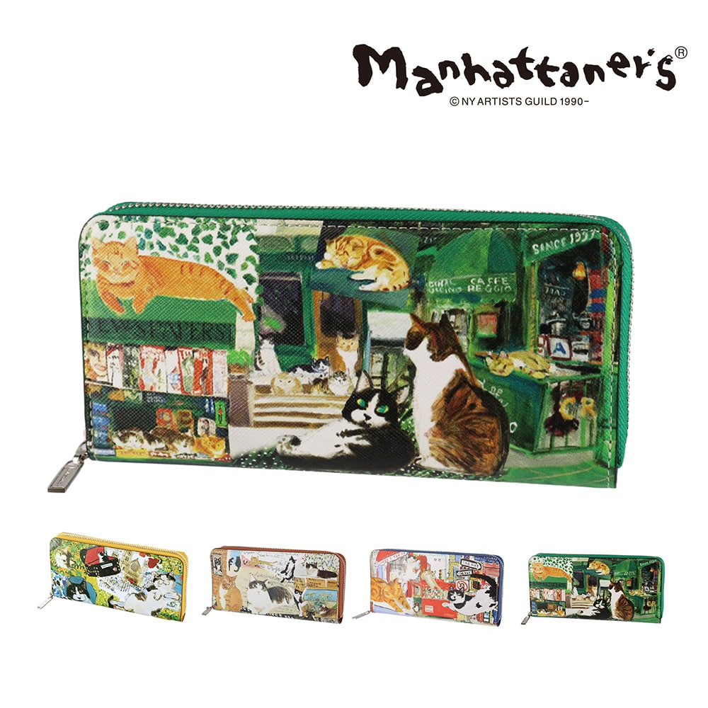 マンハッタナーズ 長財布 ラウンドファスナー manhattaner's ライブリーパース 0751664 4.緑と猫 -0751664-0072