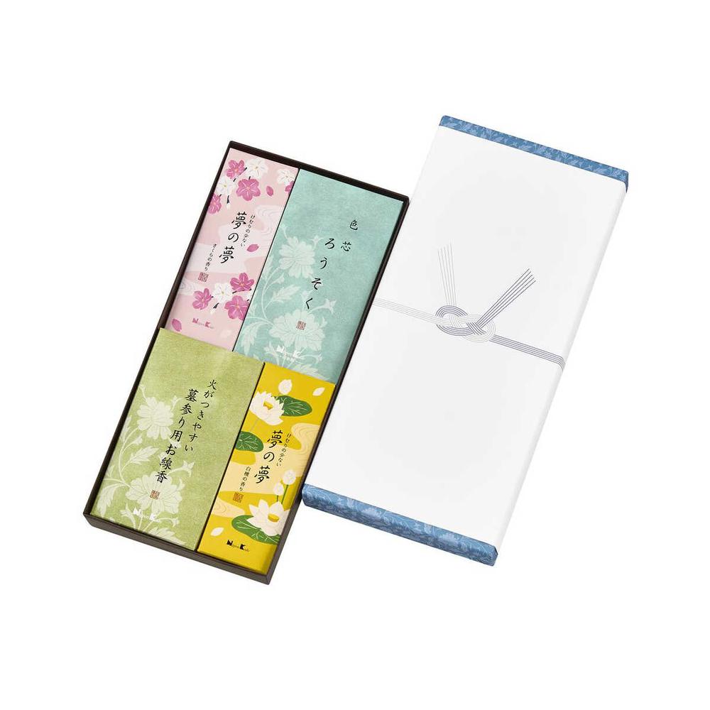 日本香堂 御香セット 1000° 包装品 1箱(夢の夢各種約40g、色芯ろうそく約50g、墓参線香4把入)