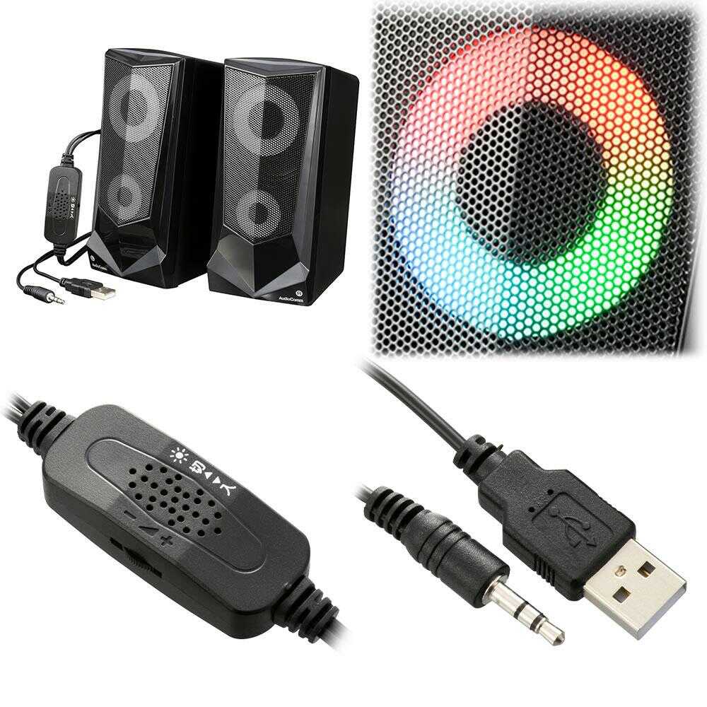 オーム電機 USB電源スピーカー LEDイルミネーション機能付 1セット ブラック