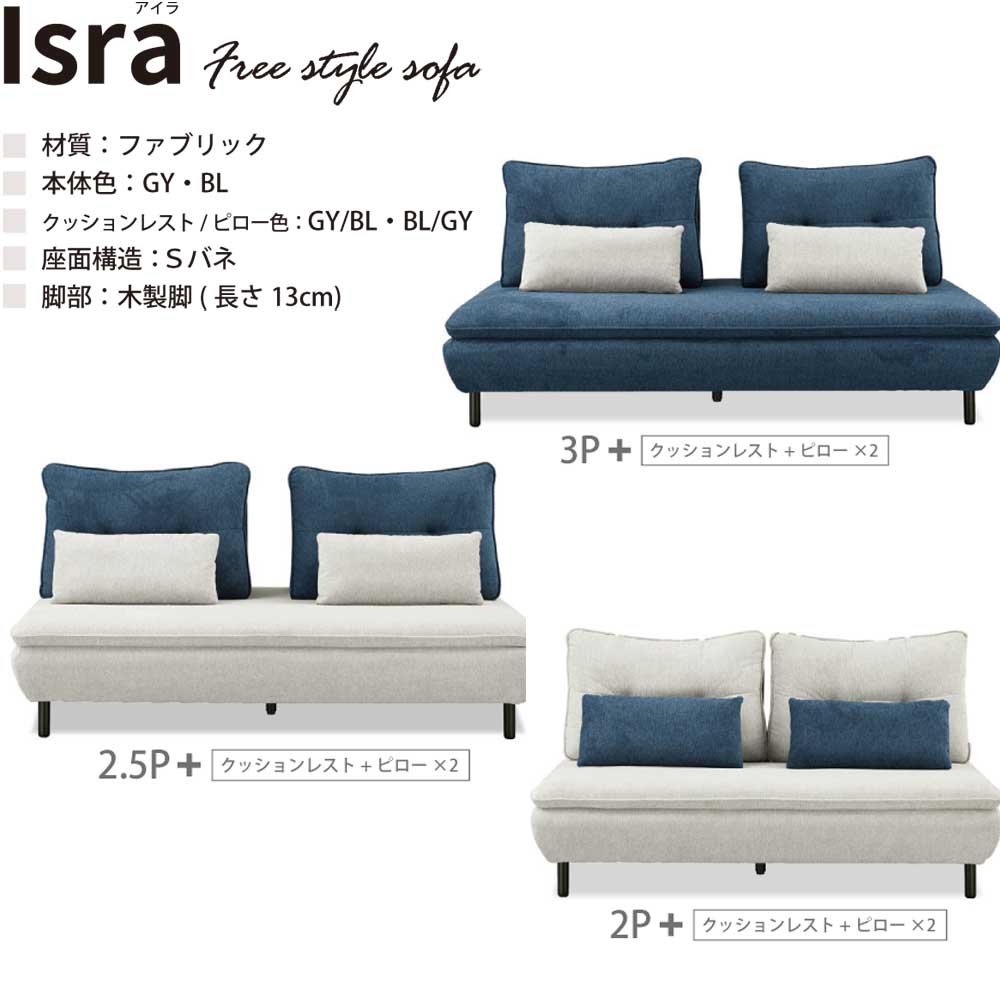 ソファ Isra 2.5P+背x2 BL、GY/BL設置 メーカー直送▼返品・キャンセル不可【他商品との同時購入不可】