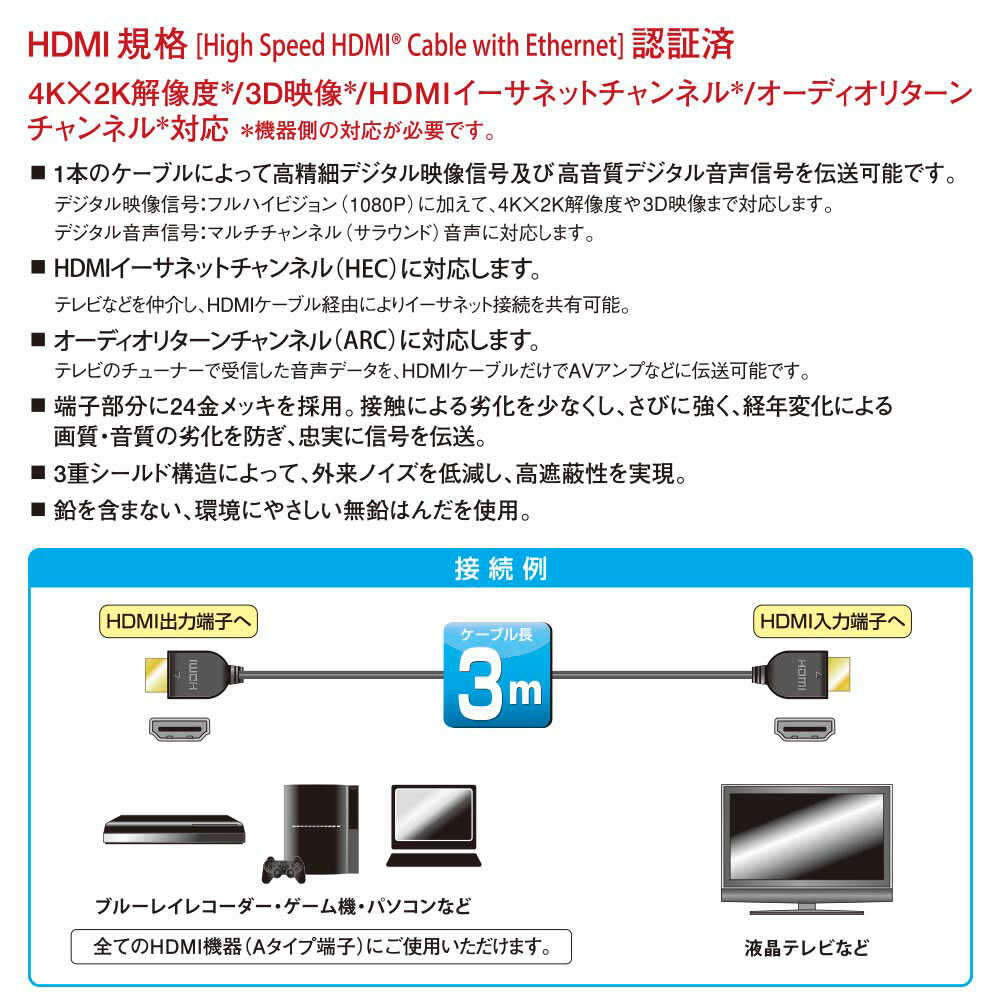 オーム電機 ハイスピードHDMIケーブル 3m ブラック